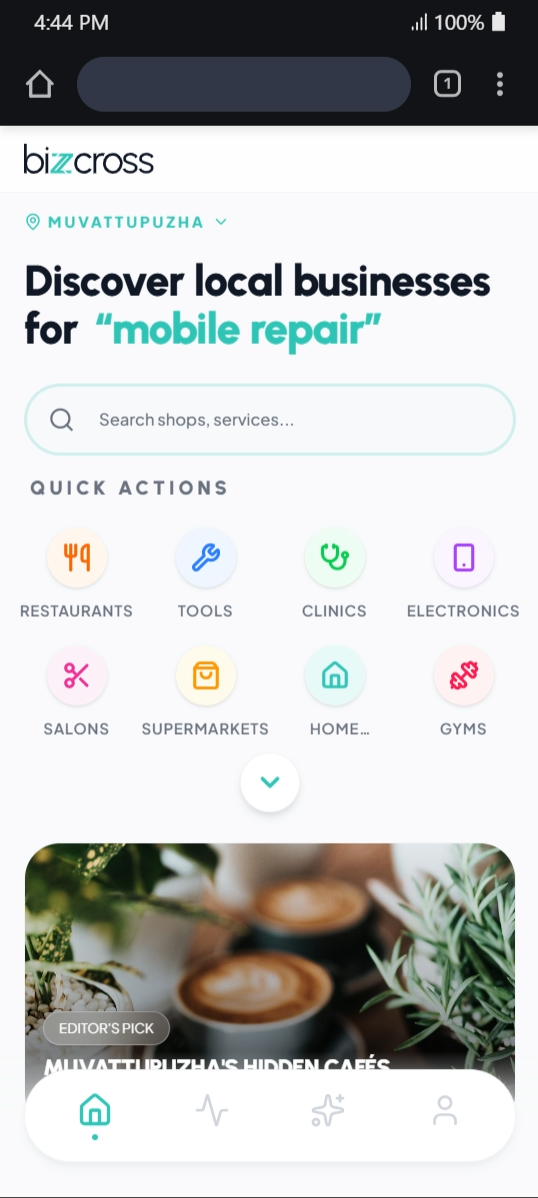 BizzCross app showing local business discovery
